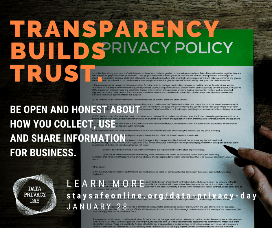 Data Privacy Week. Transparency builds trust. Be open and honest about how you collect, use and share information for business.