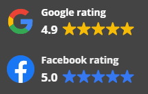 Review ratings: Google 4.9 stars. Facebook 5 stars